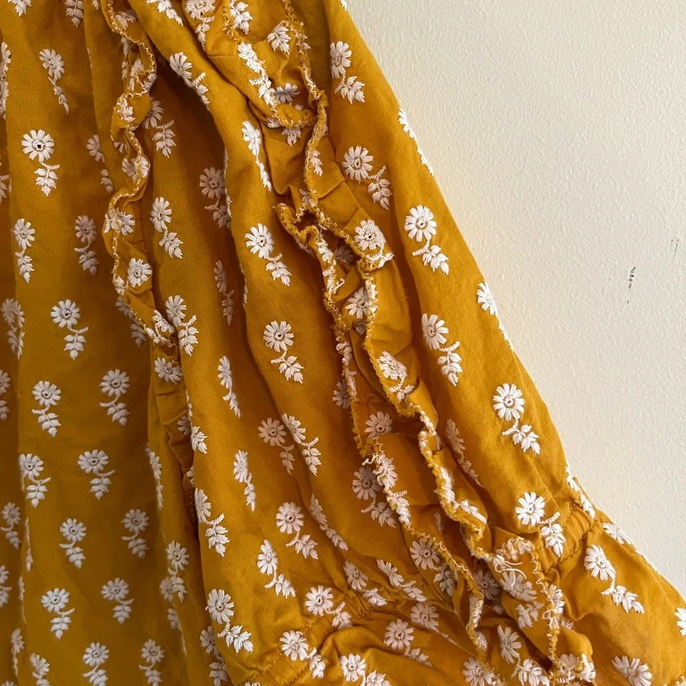 JCrew Mustard Peasant Blouse White Embroidered Flowers Keyhole Front - Picture 6 of 12